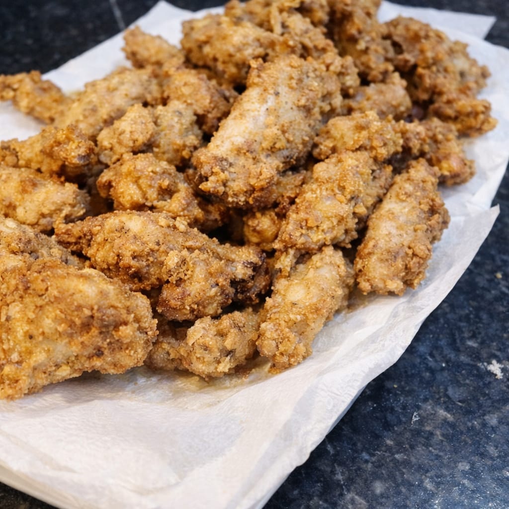 Crispy fried chicken wings resting on paper towel after frying