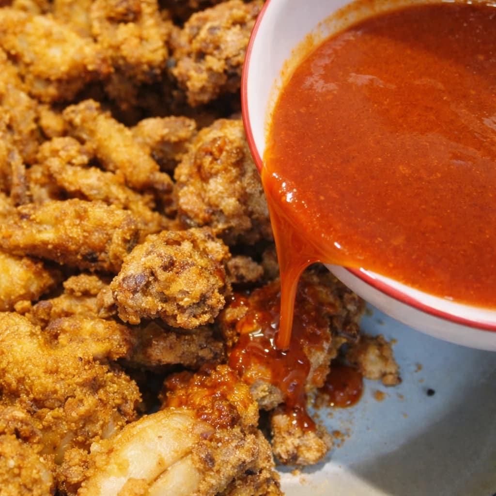 Chopped spring onions being added to spicy fried chicken wings in a pan