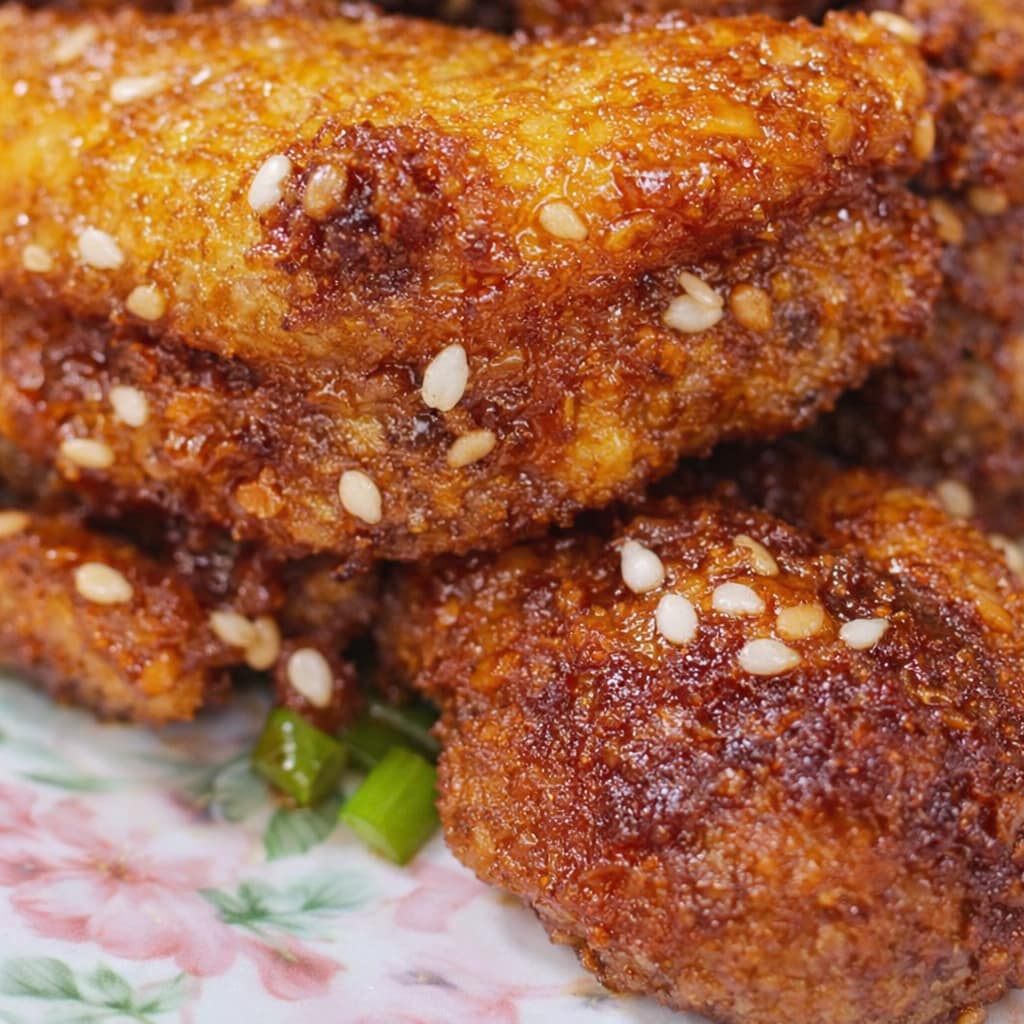 Crispy fried chicken wings coated in sauce and topped with sesame seeds