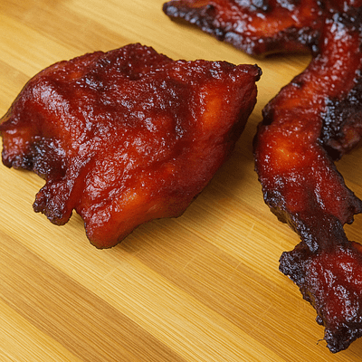 Baked BBQ chicken with sticky glaze resting on a wooden board