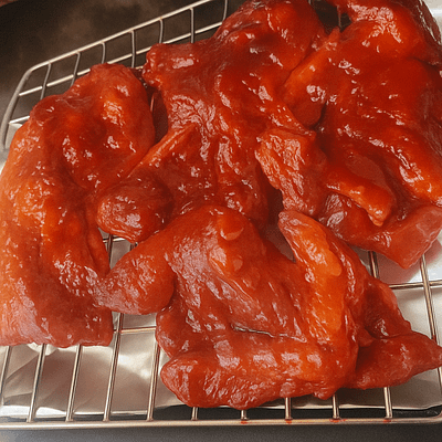 Marinated chicken pieces arranged on a wire rack ready for baking