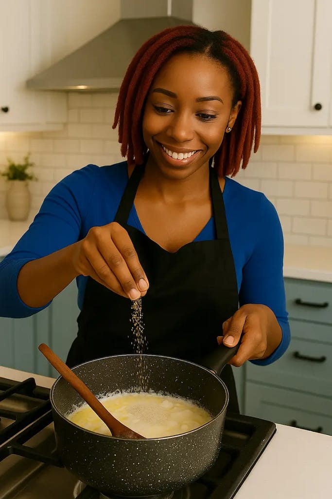 Woman sprinkling yeast into a warm milk and butter mixture in a saucepan.