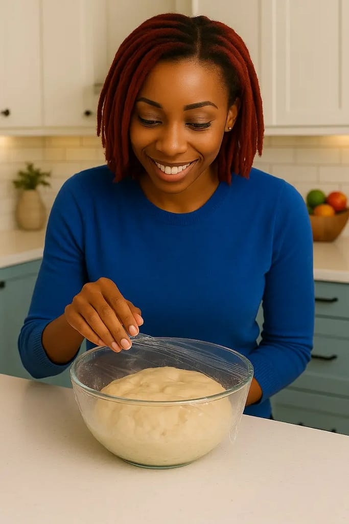 Woman smiling at risen dough in a glass bowl covered with cling film.