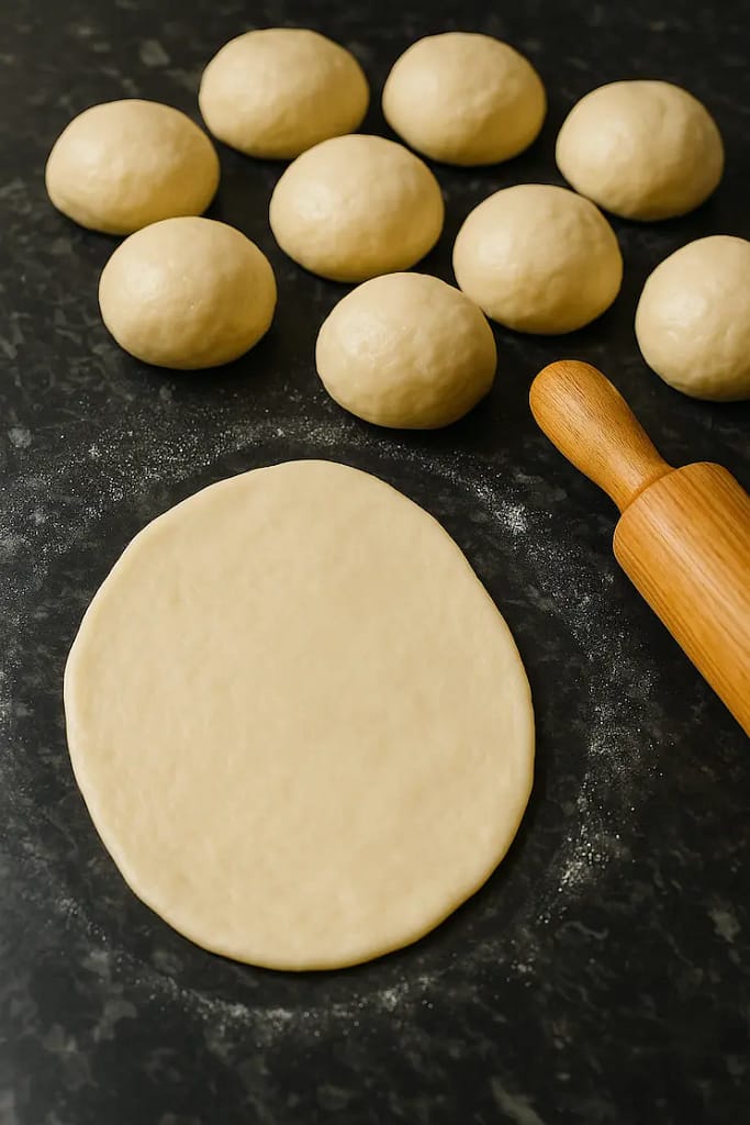 Smooth dough balls and one flattened naan on a dark surface with a wooden rolling pin beside them.