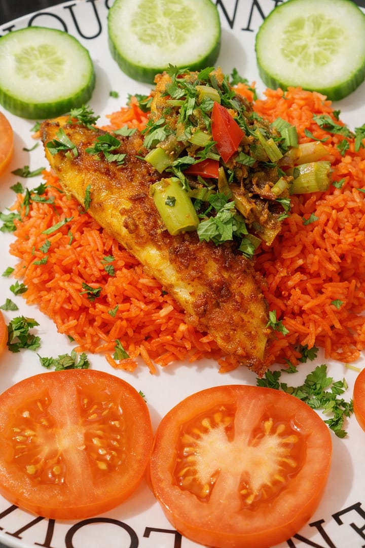A beautifully plated dish of vibrant orange-red rice topped with a golden seared salmon fillet and sautéed vegetables. The salmon is garnished with chopped red pepper, leek, and parsley, and surrounded by fresh tomato and cucumber slices.