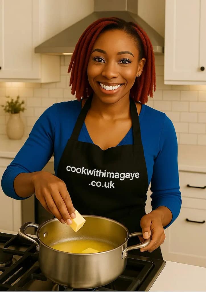 Woman melting butter in a saucepan to begin a cooking recipe.