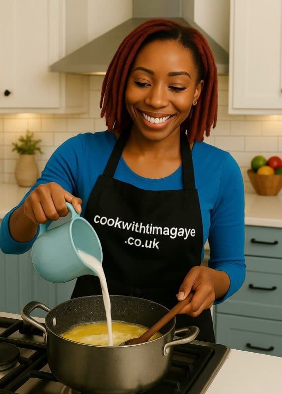 Woman pouring warm milk into a pot of melted butter for a baking recipe.