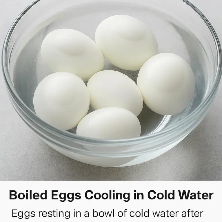 Boiled eggs cooling in a bowl of cold water—an essential step to stop cooking and make peeling easier for the Golden Egg and Mayo Breakfast Sandwich.
