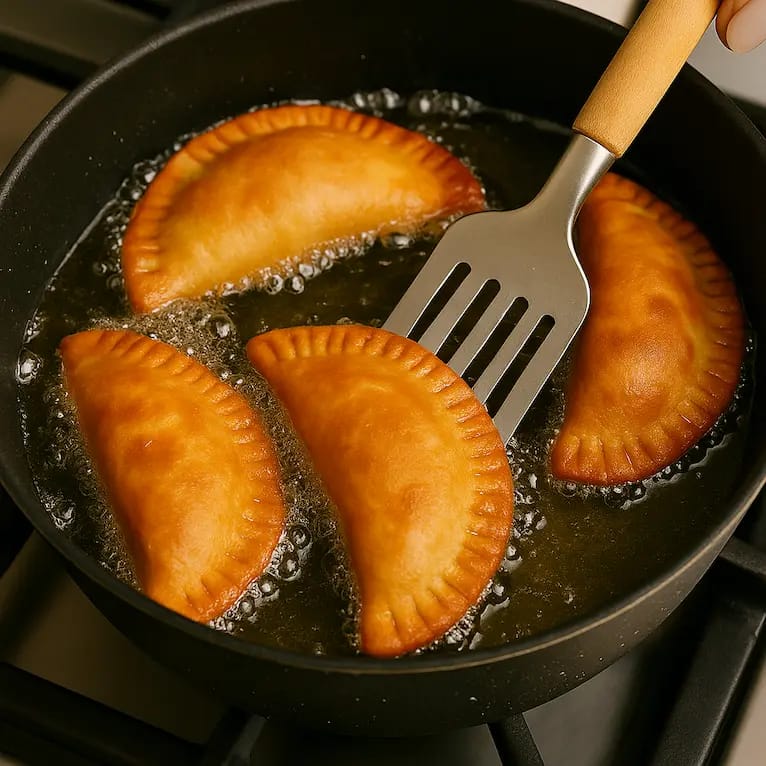 Woman sealing meat pies by pressing edges after adding filling to dough circles.