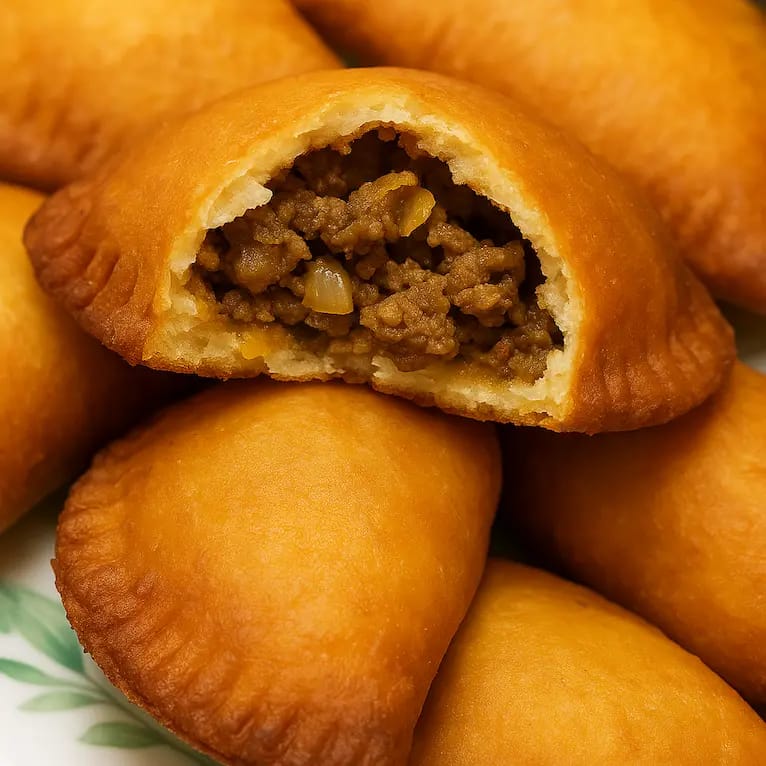 Close-up of a golden fried meat pie with a visible minced meat filling.
