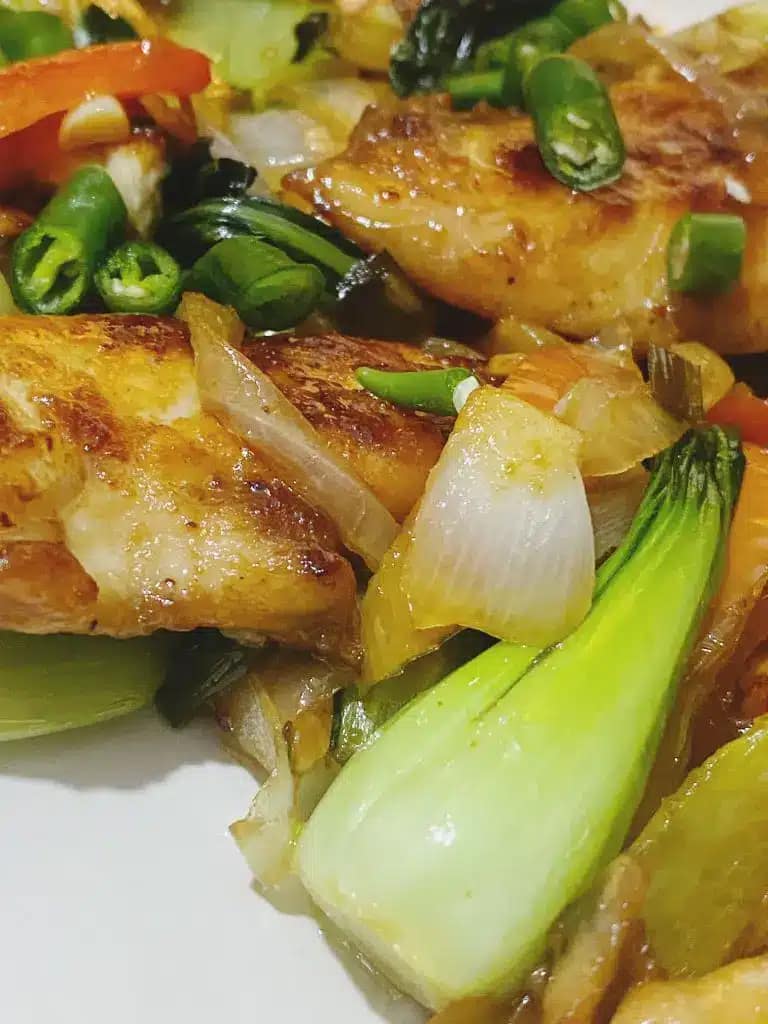 Plated chicken vegetable stir-fry with pak choi, onions, bell peppers, and green chilies.