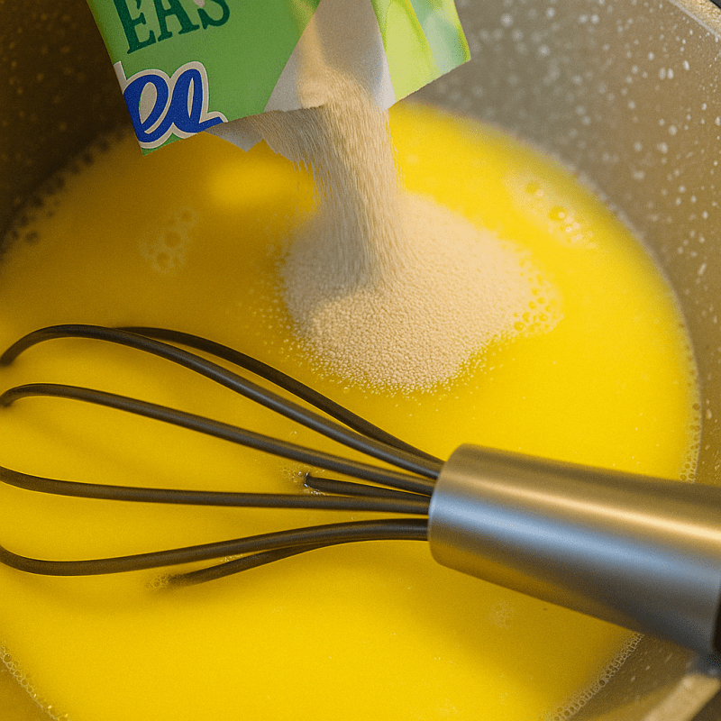 Yeast being sprinkled into a butter and milk mixture with a whisk