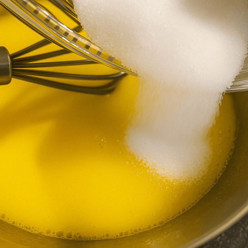 Sugar is being poured into a melted butter and milk mixture with a whisk.